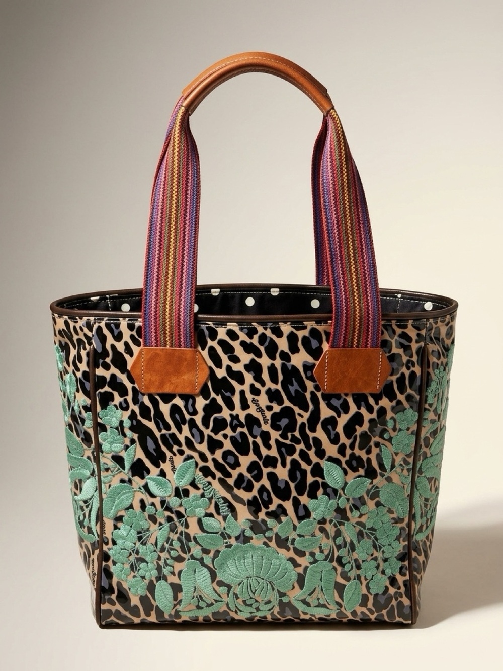 Consuela Leopard Tote with Mint Floral Embroidery and Multicolor Straps